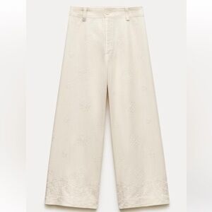 Zara White Linen Embroidered Wide-Leg Pants M